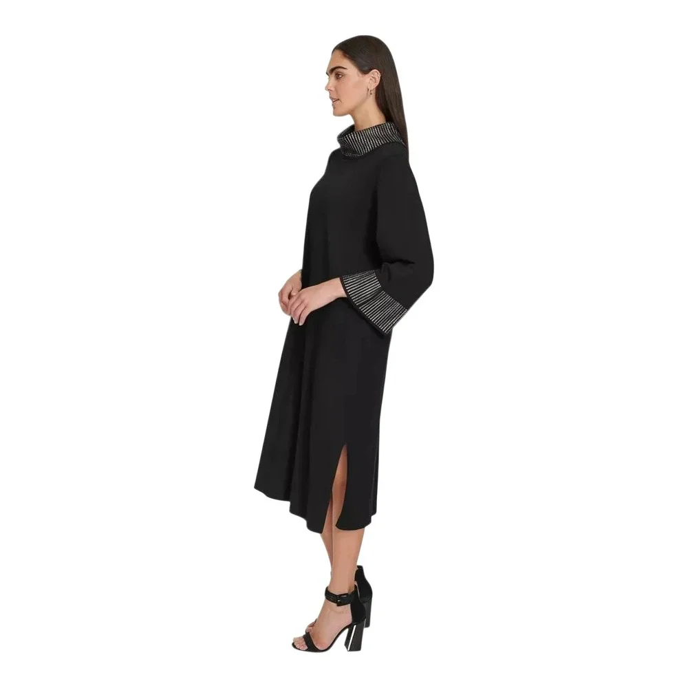 Calvin Klein Women Black Mock Neck Embellished Sheath Dress Long‎ Sleeve L